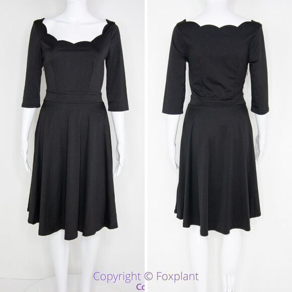 NEW Meaneor black fit and flare midi‎ dress scoop scallop neckline, S - Picture 1 of 16